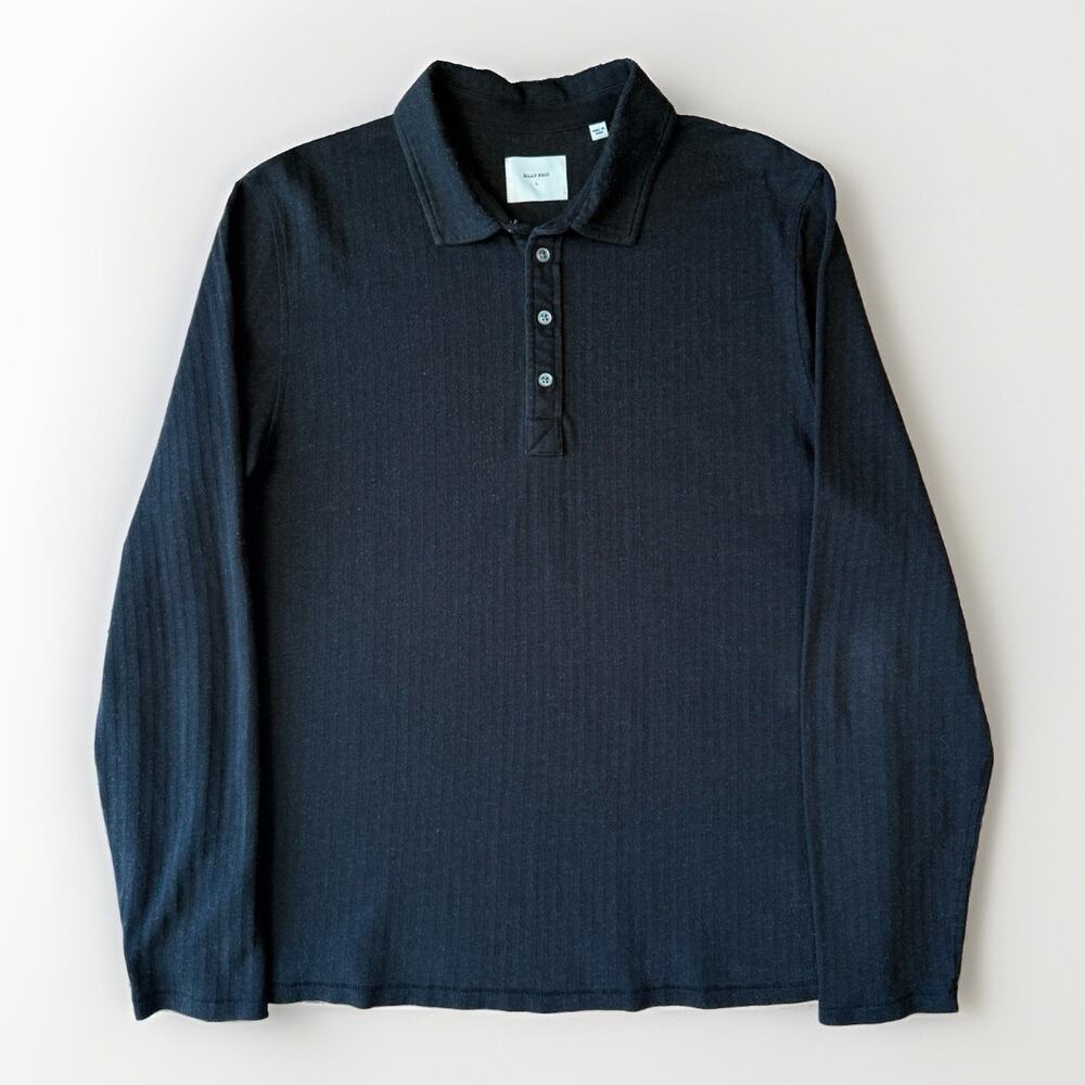 Billy Reid Herringbone Polo Shirt L Black Cotton Blend Long Sleeve Minimalist